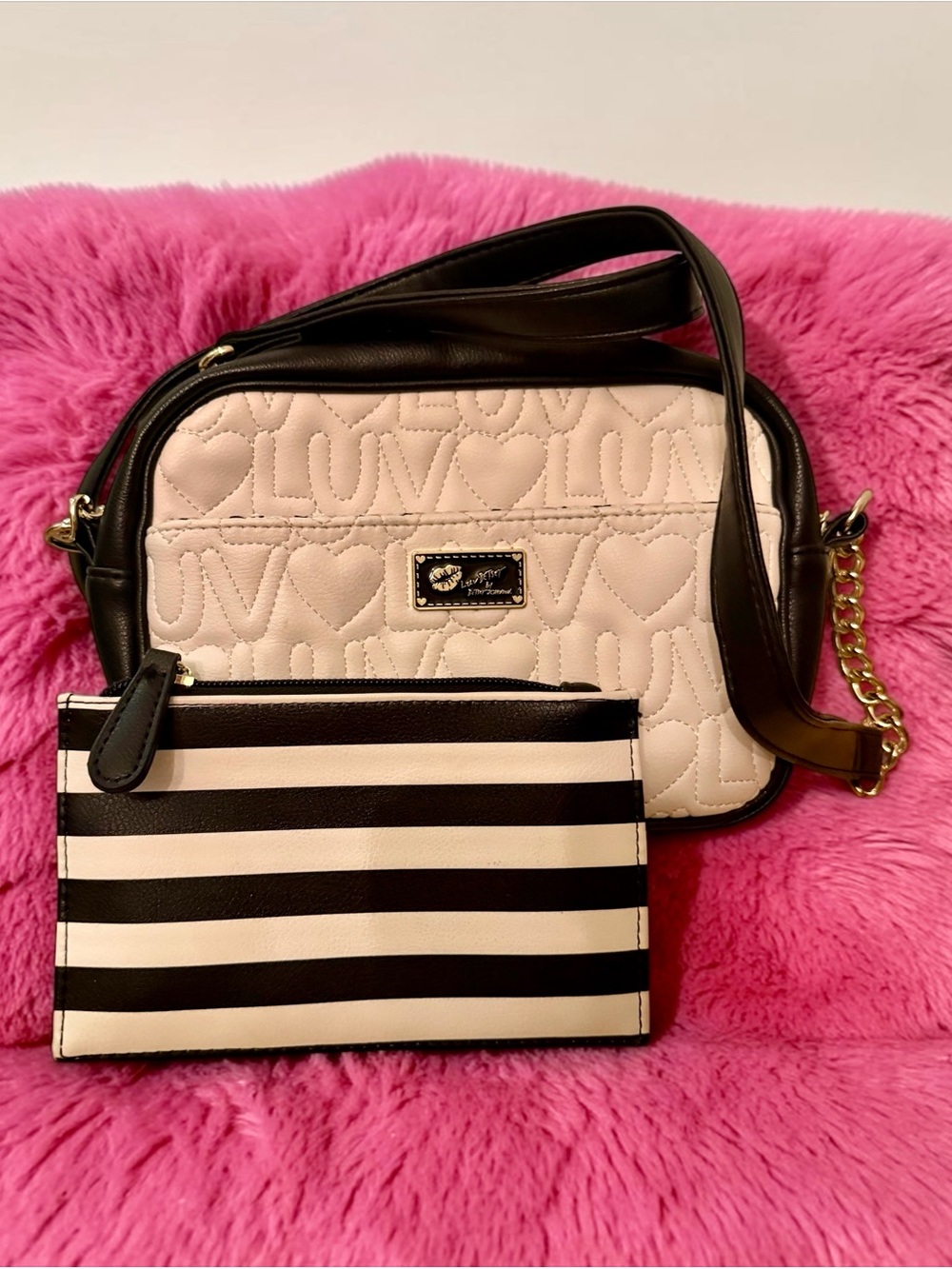 Luv Betsey Johnson Cream Rose Cross Body Bag w/ Stripped Bag Set